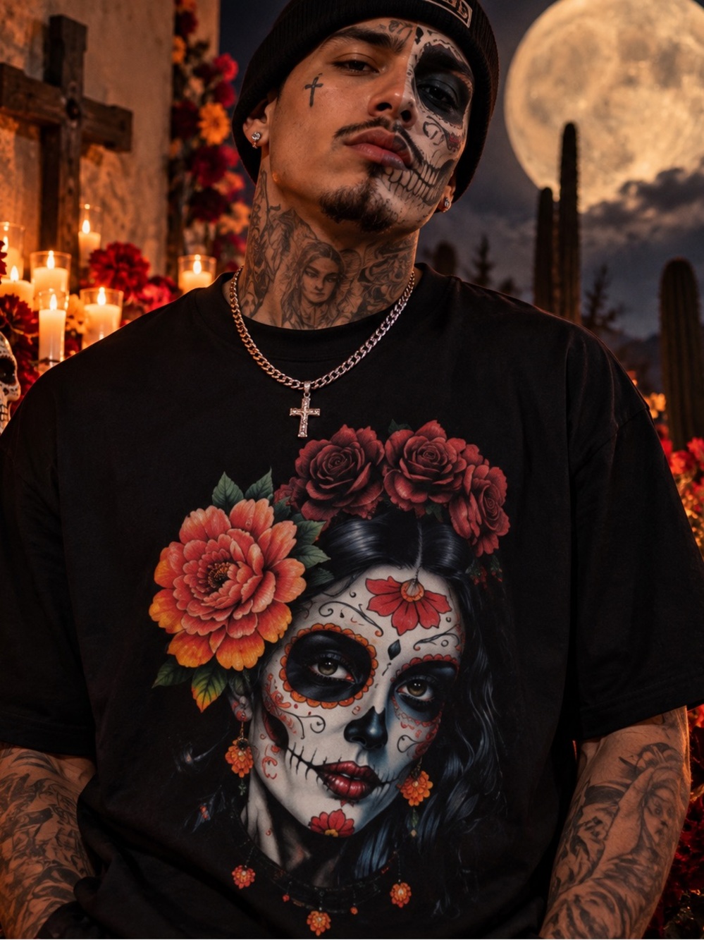 El Día de los Muertos Sugar Skull Graphic T-Shirt – Size Large